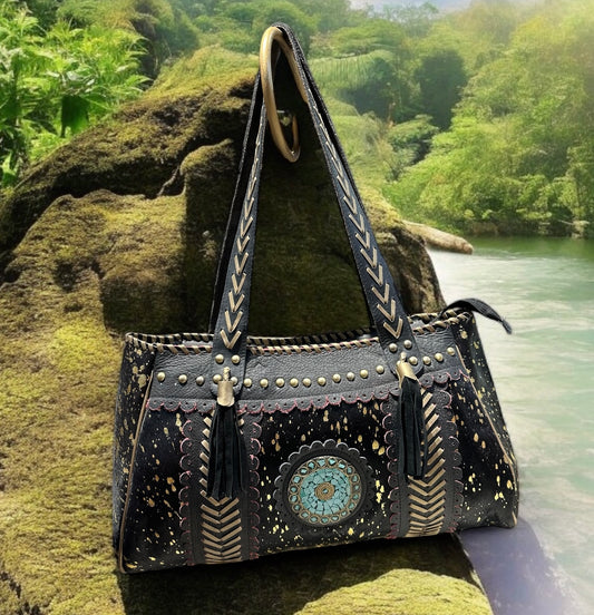 BOLSO ÉTNICO BOHO CHIC GRANDE NEGRO Y DORADO